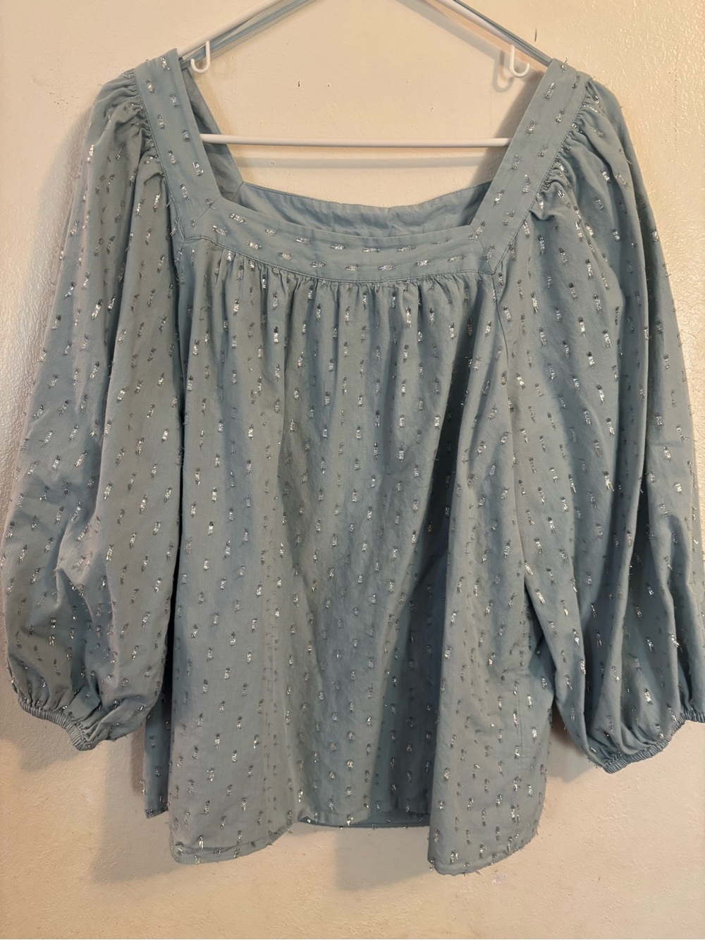 LC Lauren Conrad Pale Blue Metallic Dot Square-Neck Blouse